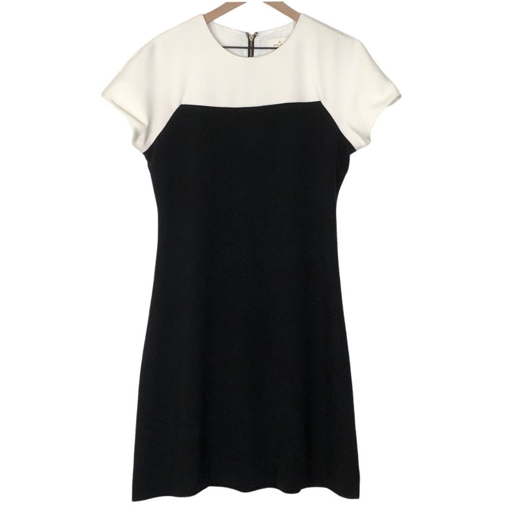 KATE SPADE Color Block Midi Dress Sz 10 Black White Short Sleeve Knee Lined Knit